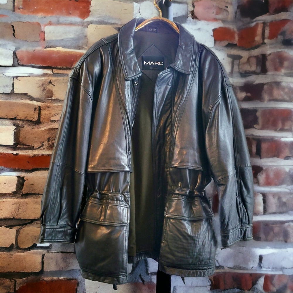 Vintage Men's L Buttery Soft Black Leather Parka Cinch Waist‎ MARC